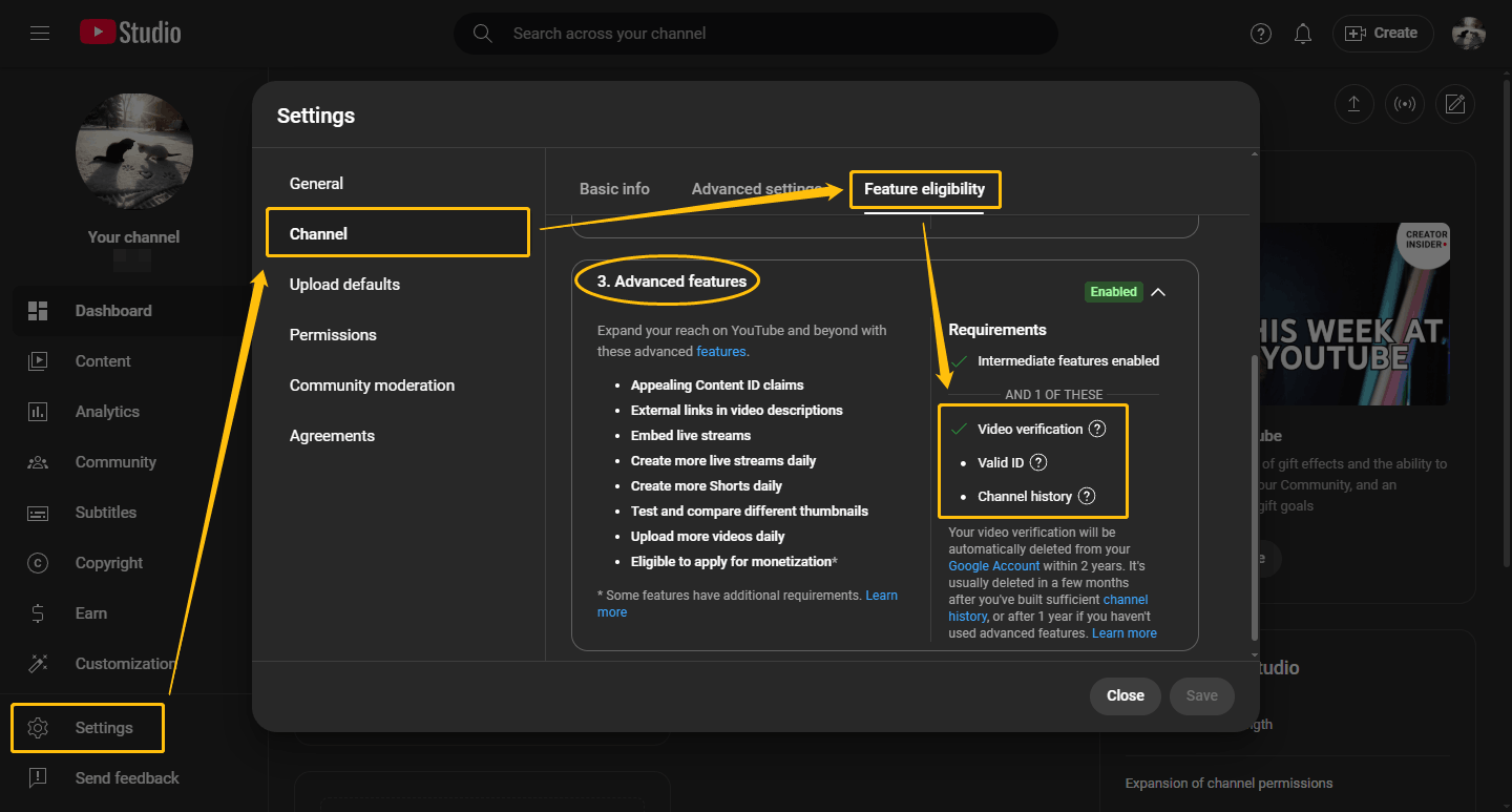 Screenshot of YouTube Studio with Video verification enabled