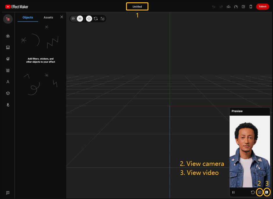 Screenshot of YouTube Effect Maker shows the position of the effect’s title, View camera, and View video icon