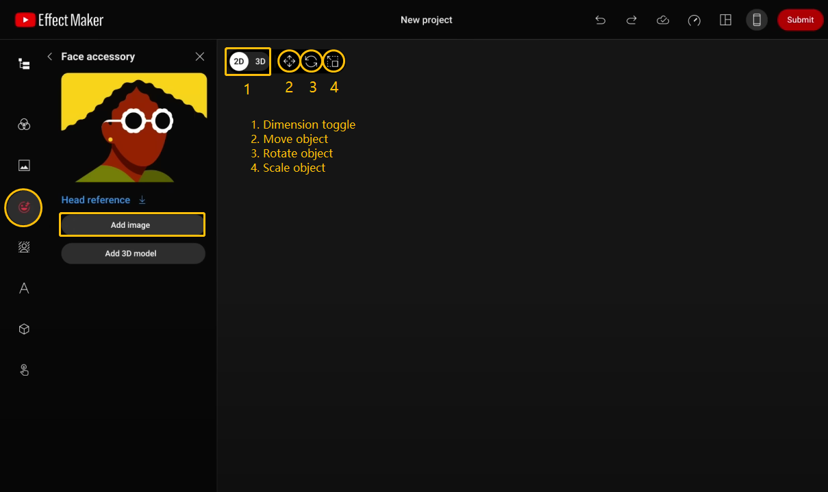 Screenshot of YouTube Effect Maker shows the position of the Dimension toggle, Move object, Rotate object, and Scale object icons