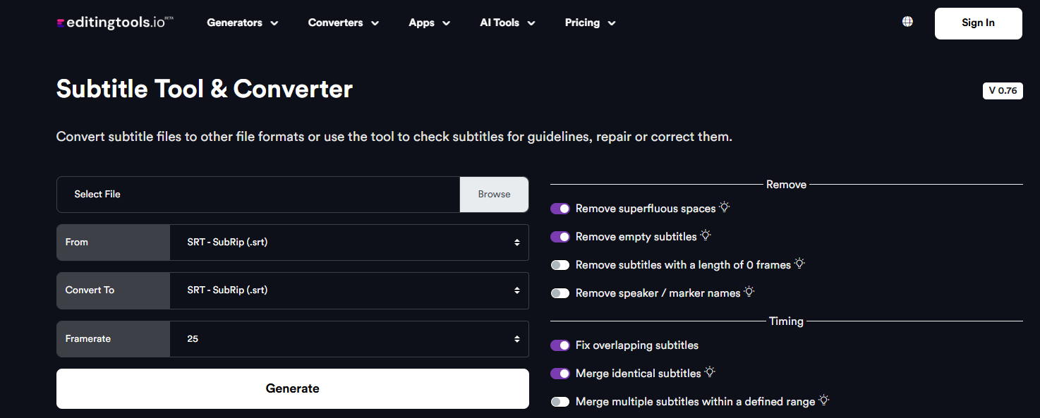 Go to EditingTools.io to convert YouTube subtitles