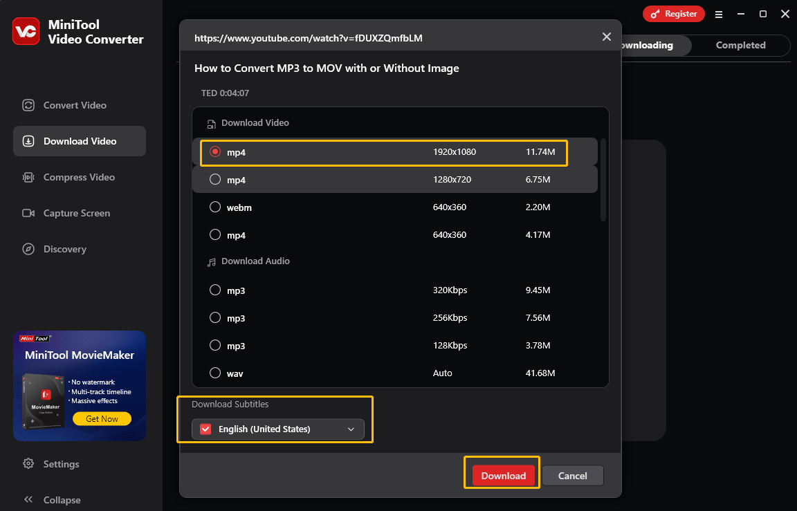 Choose an output format and click on Download to save the YouTube video and subtitles in MiniTool Video Converter