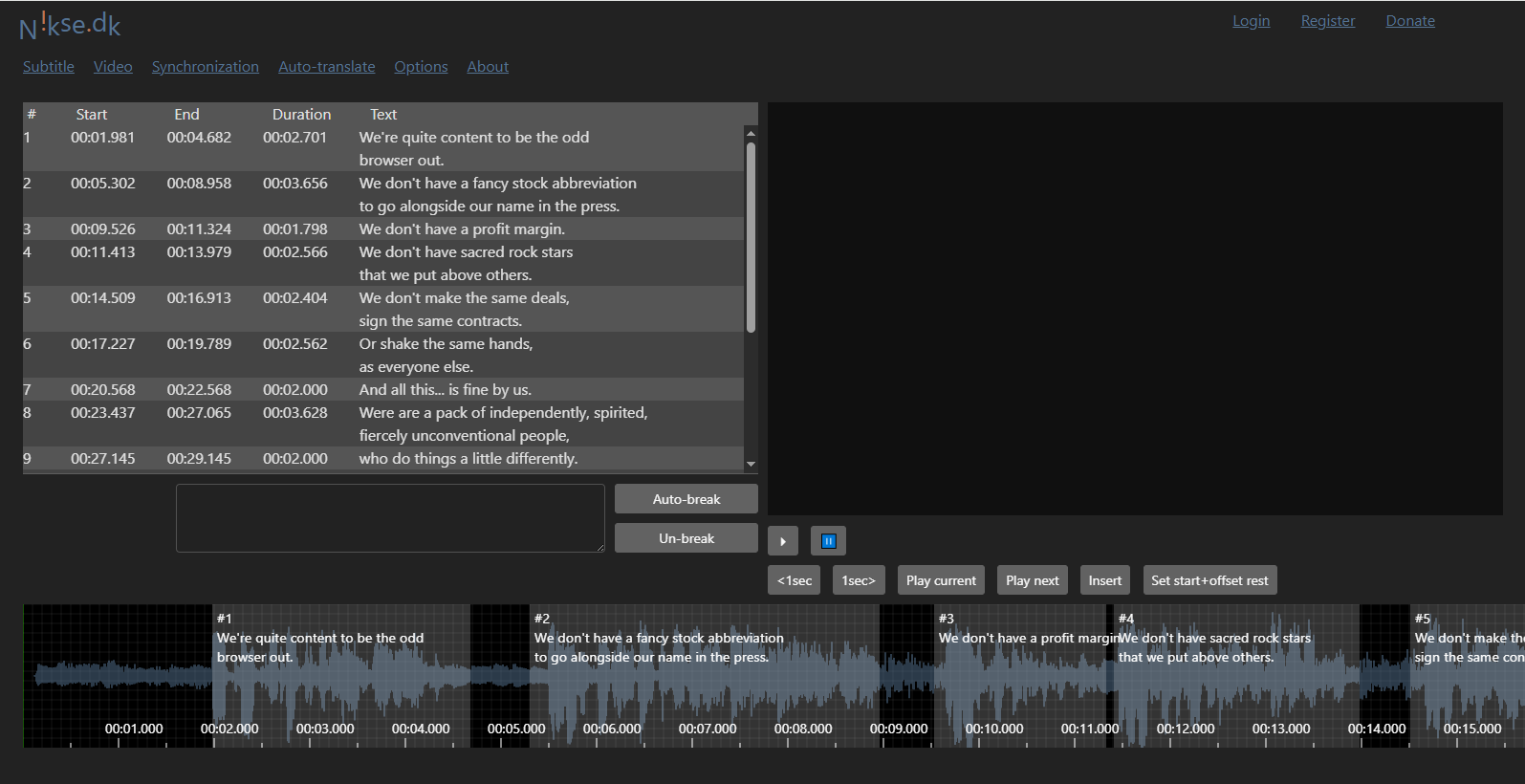 The subtitle editing interface of Nikse Subtitle Edit