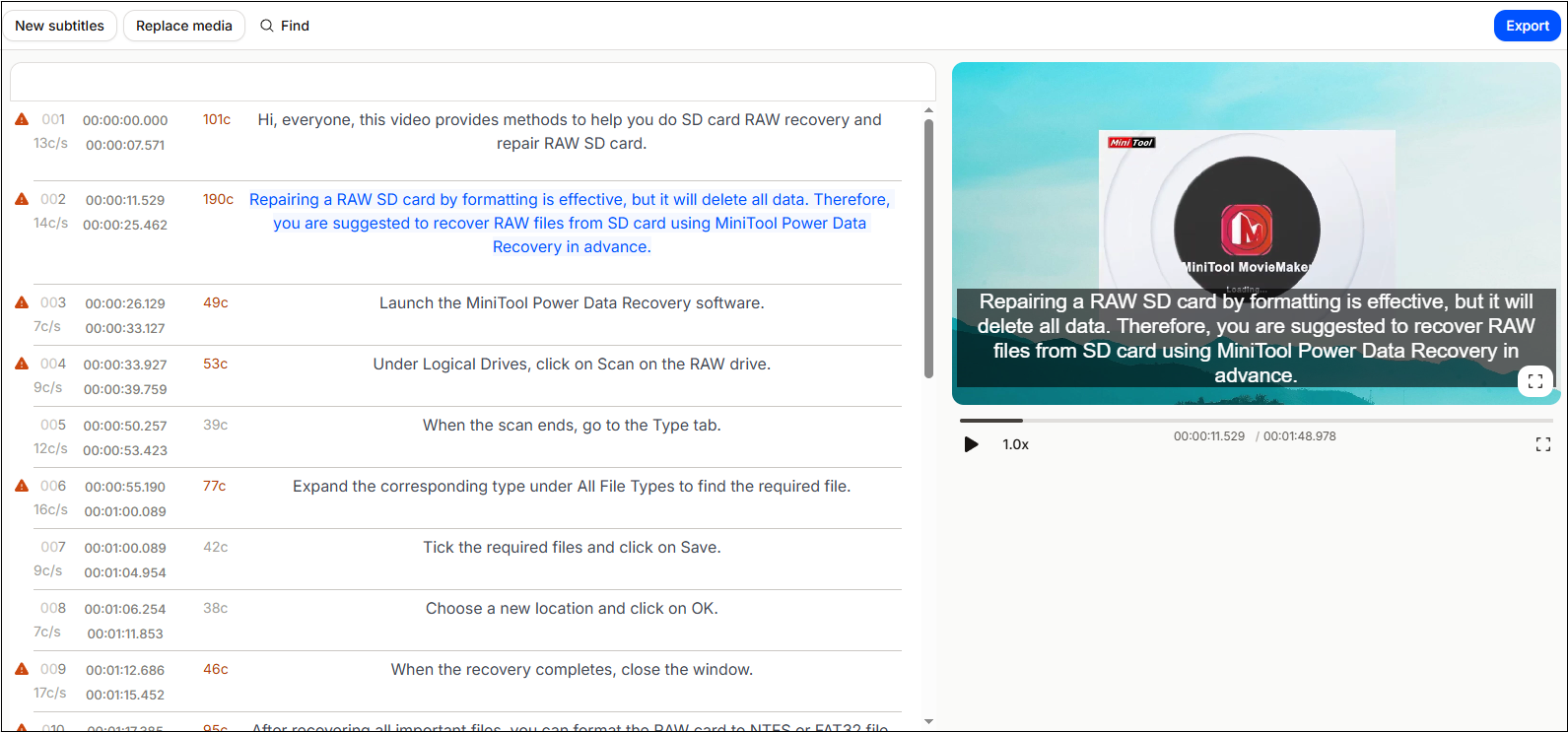 The editing interface of HappyScribe