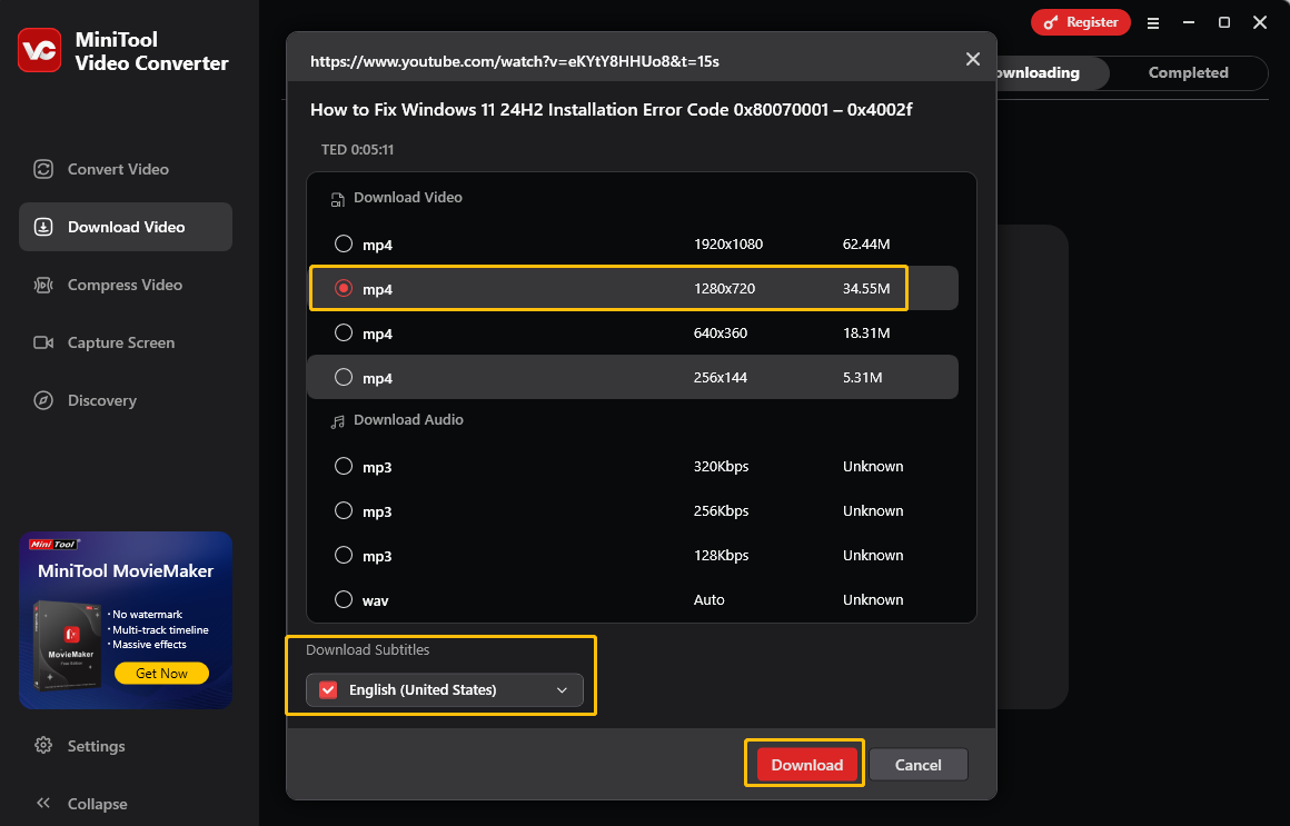 Choose an output format and click on Download to get the YouTube video and subtitles in MiniTool Video Converter