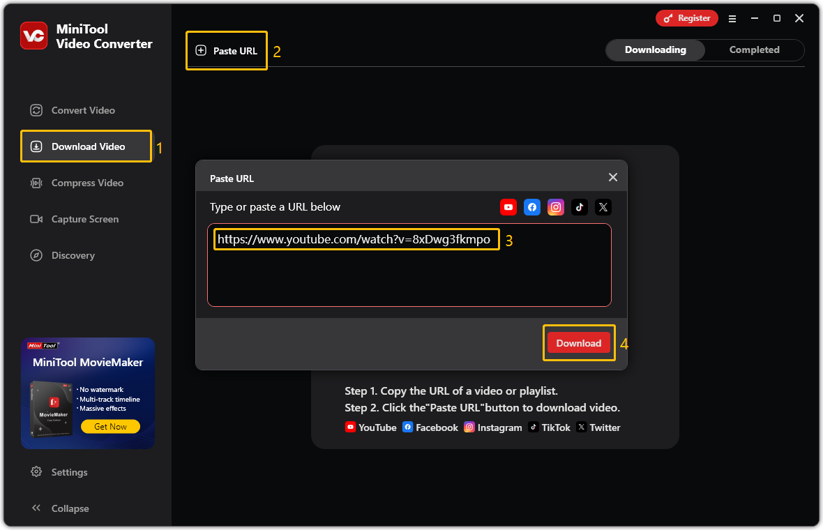 Screenshot of MiniTool Video Converter’s interface that shows how to paste a URL