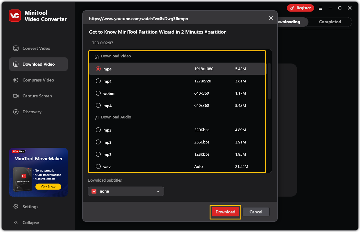 Screenshot of the MiniTool Video Converter interface, with the export format and the Download button selected