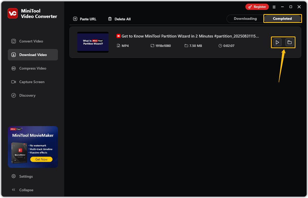 Screenshot of the MiniTool Video Converter interface that shows how to locate the downloaded file