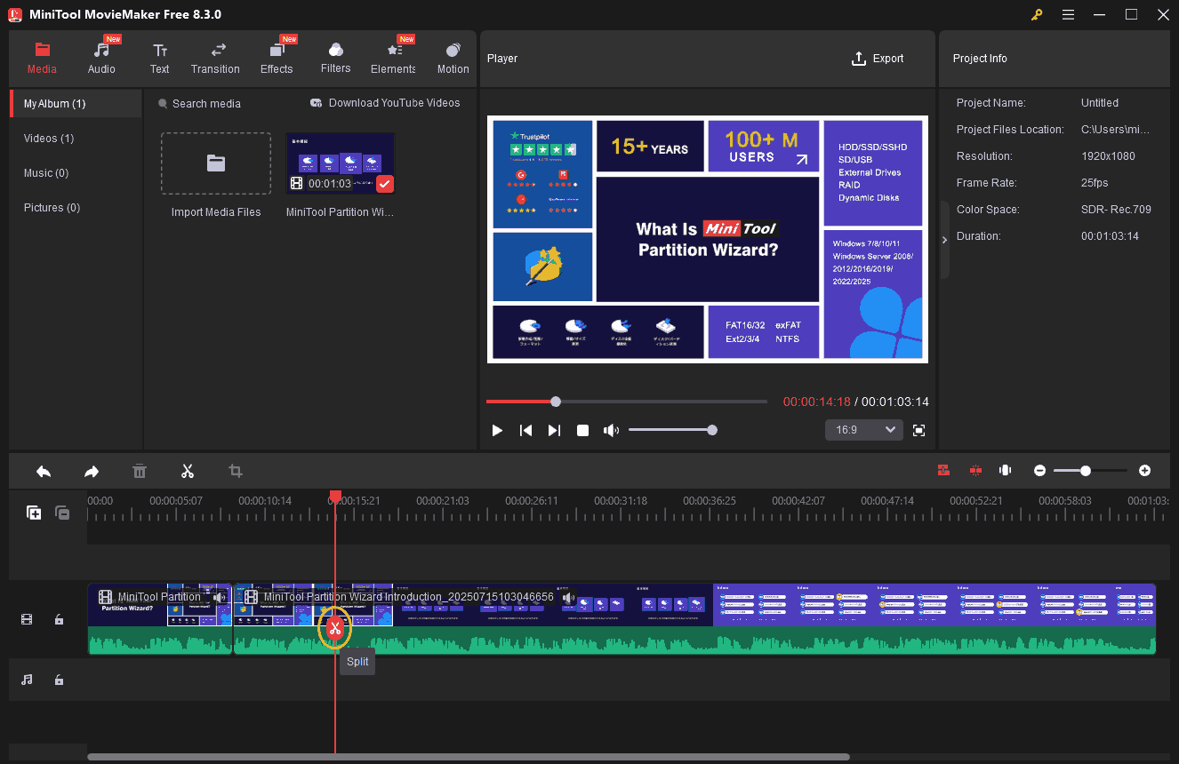 Screenshot of the MiniTool MovieMaker interface that shows how to split a video