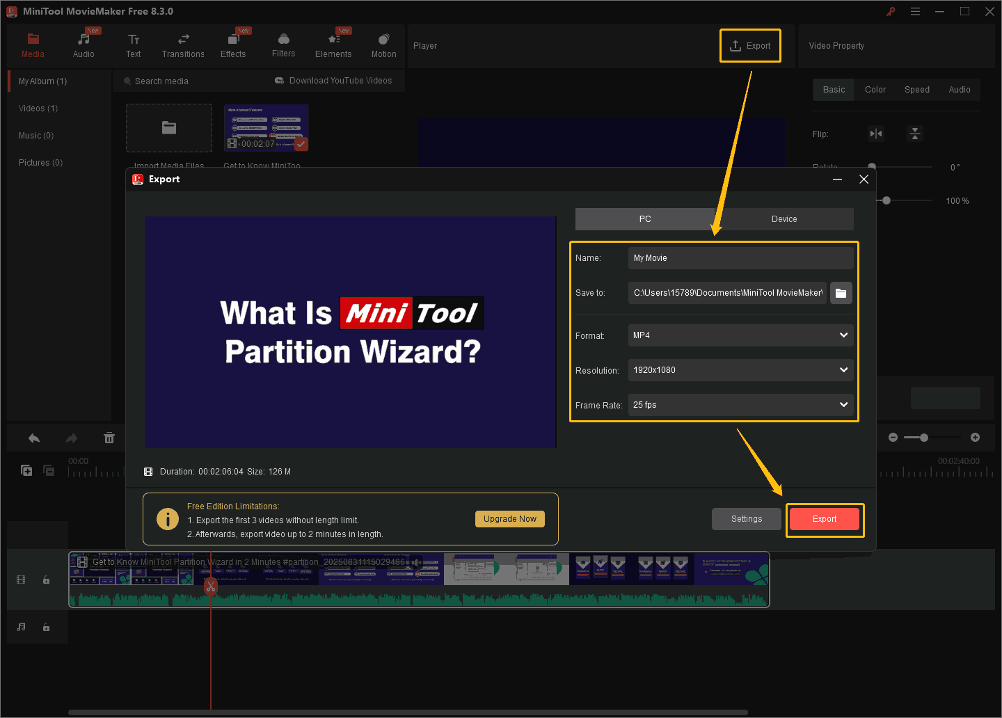 Screenshot of the MiniTool MovieMaker’s Export window that shows how to export a video