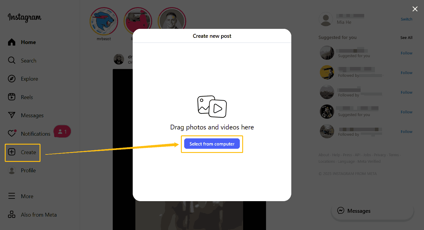 Screenshot of the Instagram website that shows how to create a new post