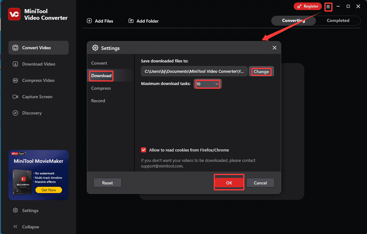 Click on More > Settings > Download to configure the save path and maximum download tasks in MiniTool Video Converter