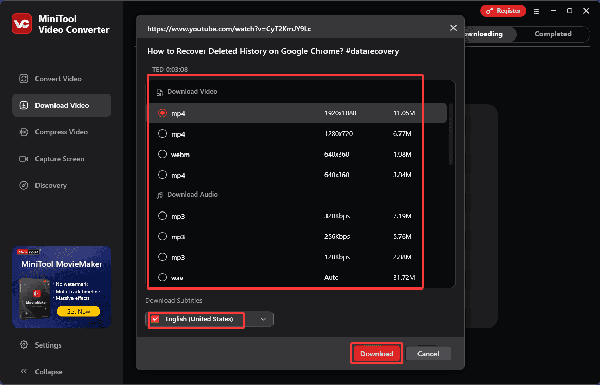 Choose an output format and a subtitle language, and then click on Download to download the YouTube video in MiniTool Video Converter
