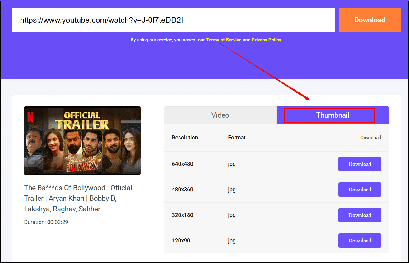 Paste the YouTube URL in viddown.net, click Download, and then select the Thumbnail option to download the thumbnail