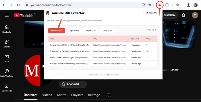 Klicken Sie auf das Erweiterungssymbol und dann auf „Extract URLs“, um alle URLs im YouTube-URL-Extraktor zu erhalten