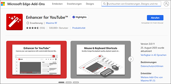 Enhancer for YouTube im Microsoft Edge Add-ons Store