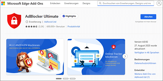 AdBlocker Ultimate im Microsoft Edge Add-ons Store