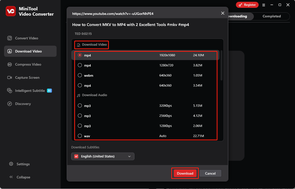 Warten Sie, bis der Film-Link analysiert wurde, wählen Sie unter Video/Audio herunterladen das gewünschte Ausgabeformat und die Auflösung aus und klicken Sie auf Herunterladen, um den Film herunterzuladen.