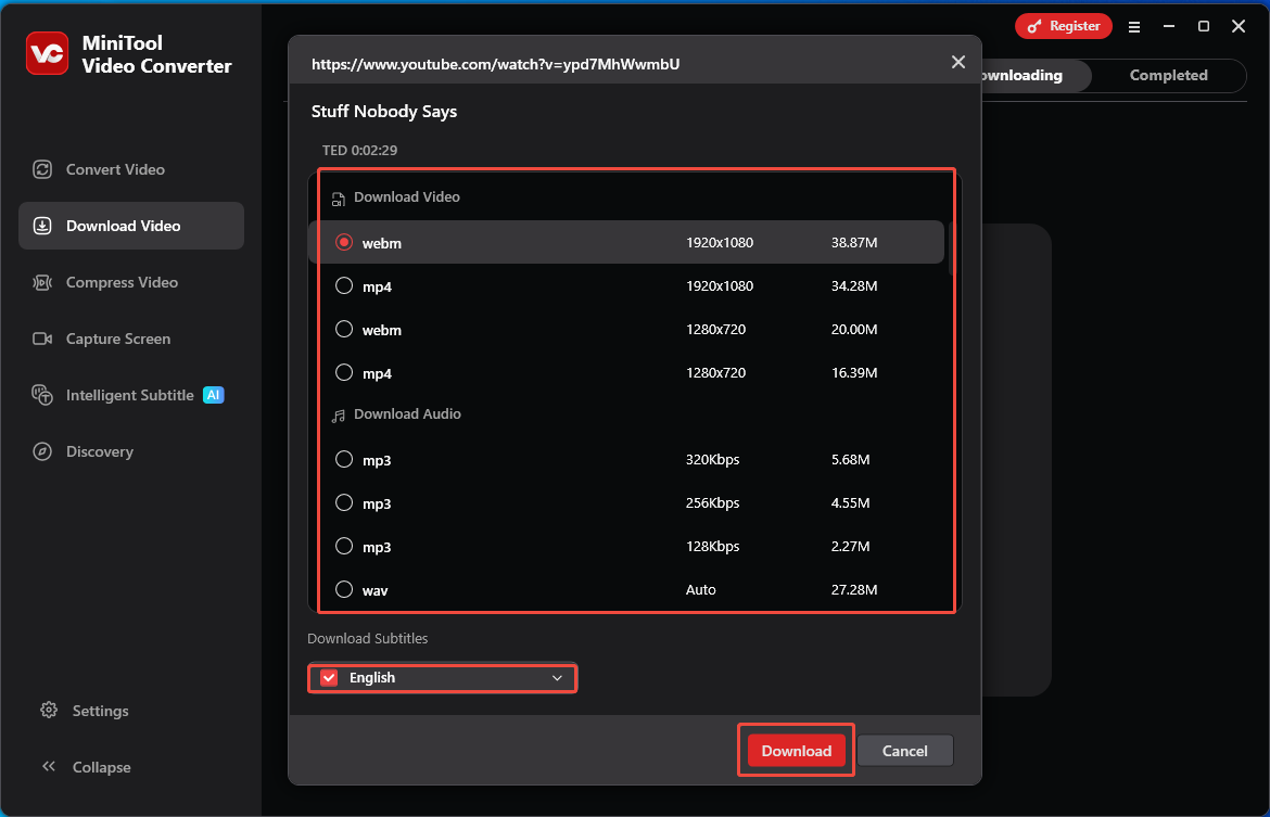 Choose an output format and resolution, and click on Download to save the YouTube commentary video and subtitles in MiniTool Video Converter