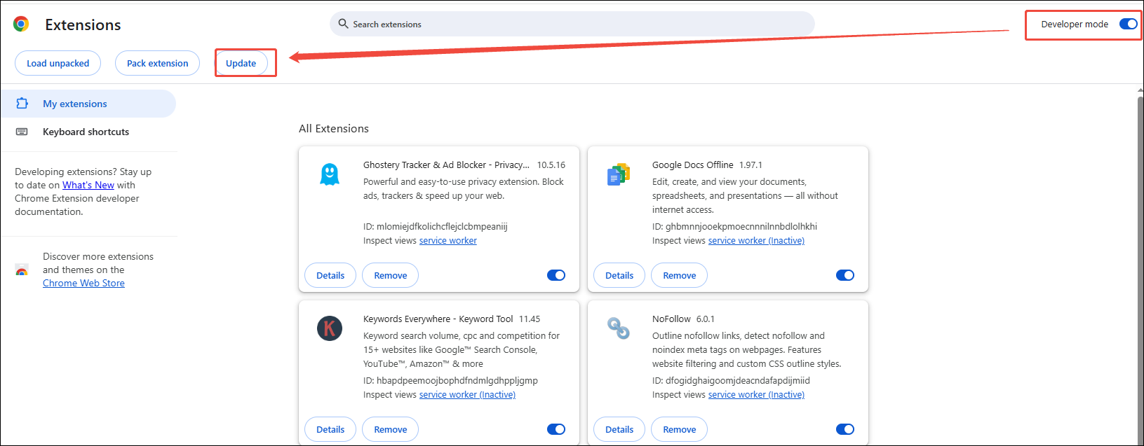 Click on Developer mode > Update to update Ghostery on Google Chrome