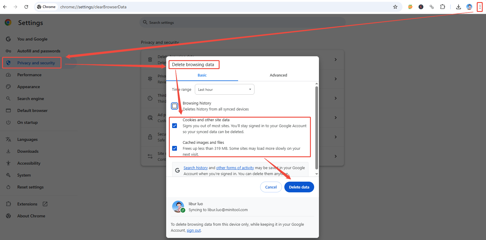 Click on More > Settings > Privacy and security > Delete browsing data, check Cached images and files and Cookies and other site data, then click on Delete data to clear cookies for the browser