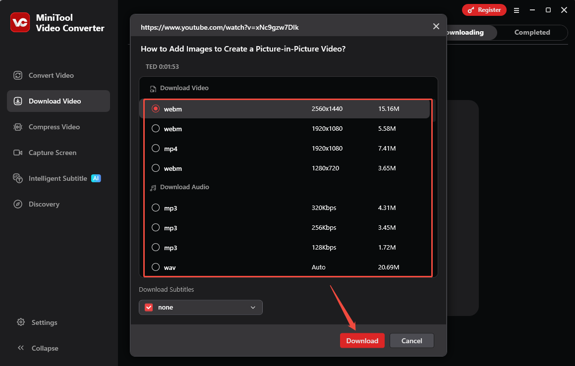 Choose a video or audio format, then click on Download to save the YouTube video in MiniTool Video Converter