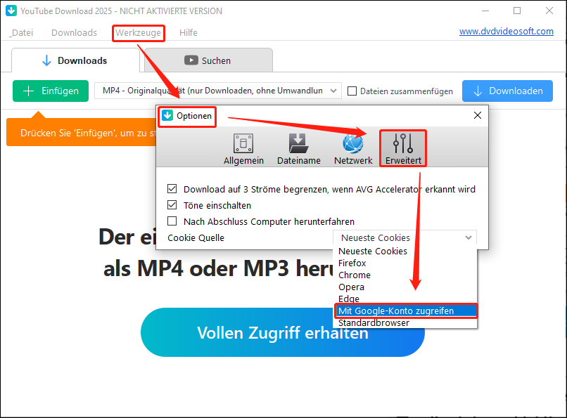 Klicken Sie in DVDVideoSoft auf Tools > Optionen > Erweitert > Greifen Sie auf Ihr Google-Konto zu
