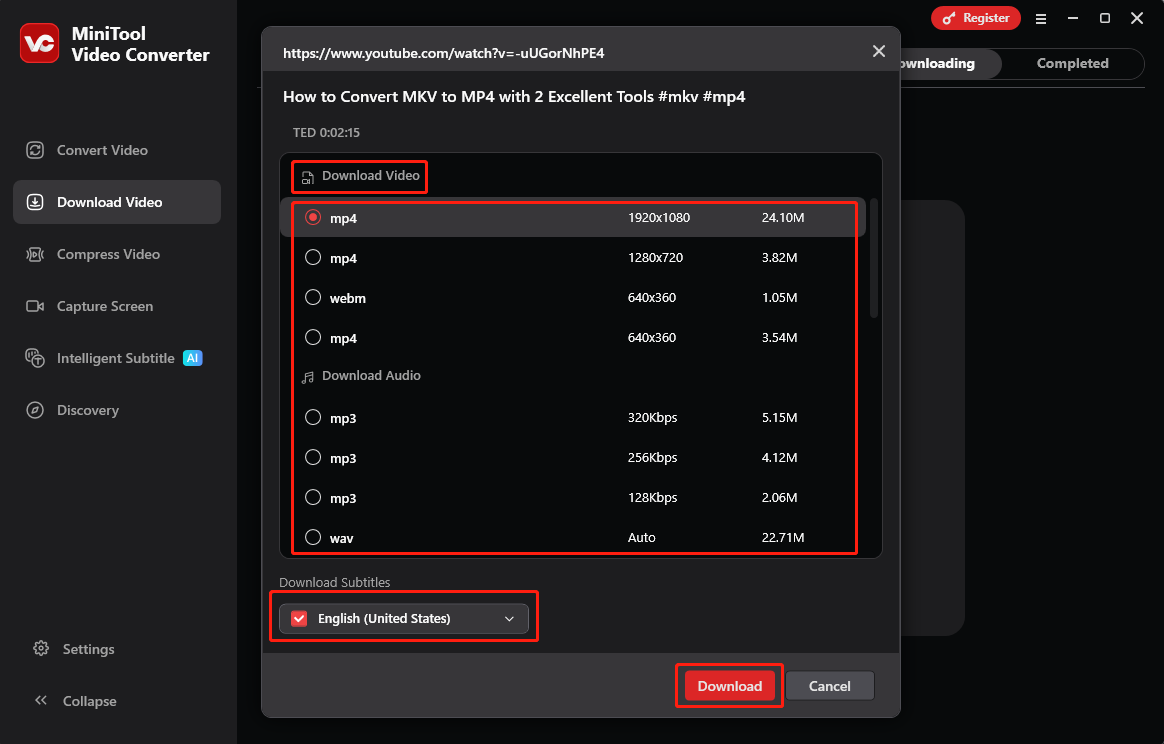 Wählen Sie ein Videoformat und eine Auflösung, entscheiden Sie, ob Sie Untertitel herunterladen möchten, und klicken Sie auf Herunterladen.