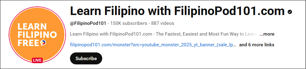 The channel interface of Learn Filipino with FilipinoPod101.com