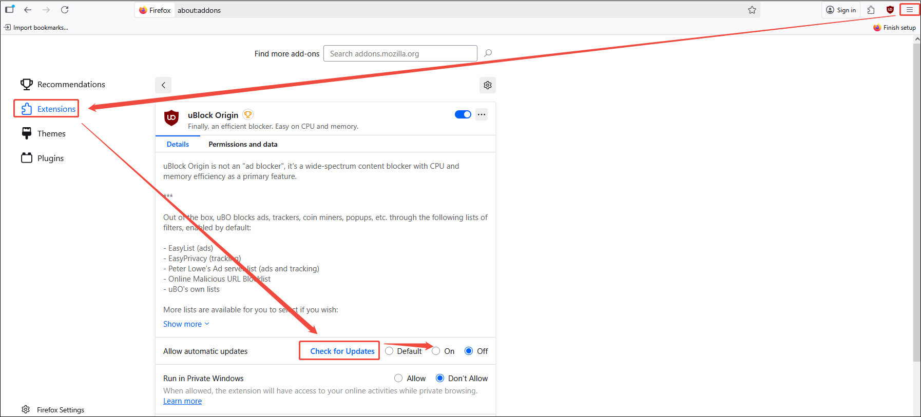 Click on menu > Extension and themes > On to update an adblocker on Firefox