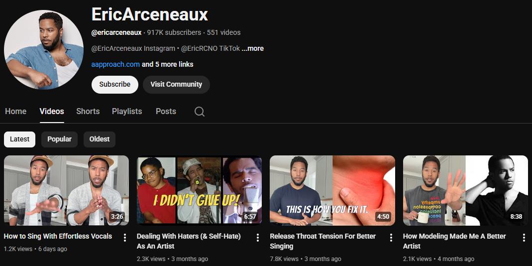 Go to the YouTube channel of EricArceneaux to learn singing for free