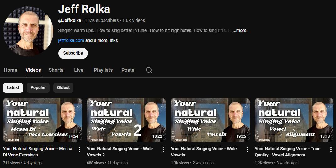 Go to the YouTube channel of Jeff Rolka to learn singing for free
