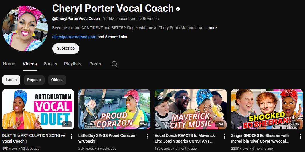 Go to the YouTube channel of Cheryl Porter Vocal Coach, to learn singing for free