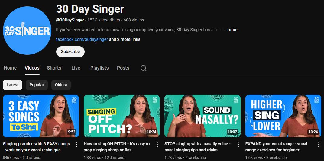 Go to the YouTube channel of 30 Day Singer to learn singing for free