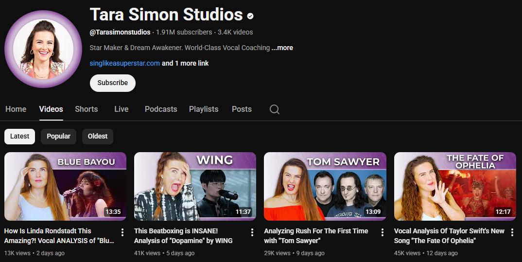 Go to the YouTube channel of Tara Simon Studios to learn singing for free