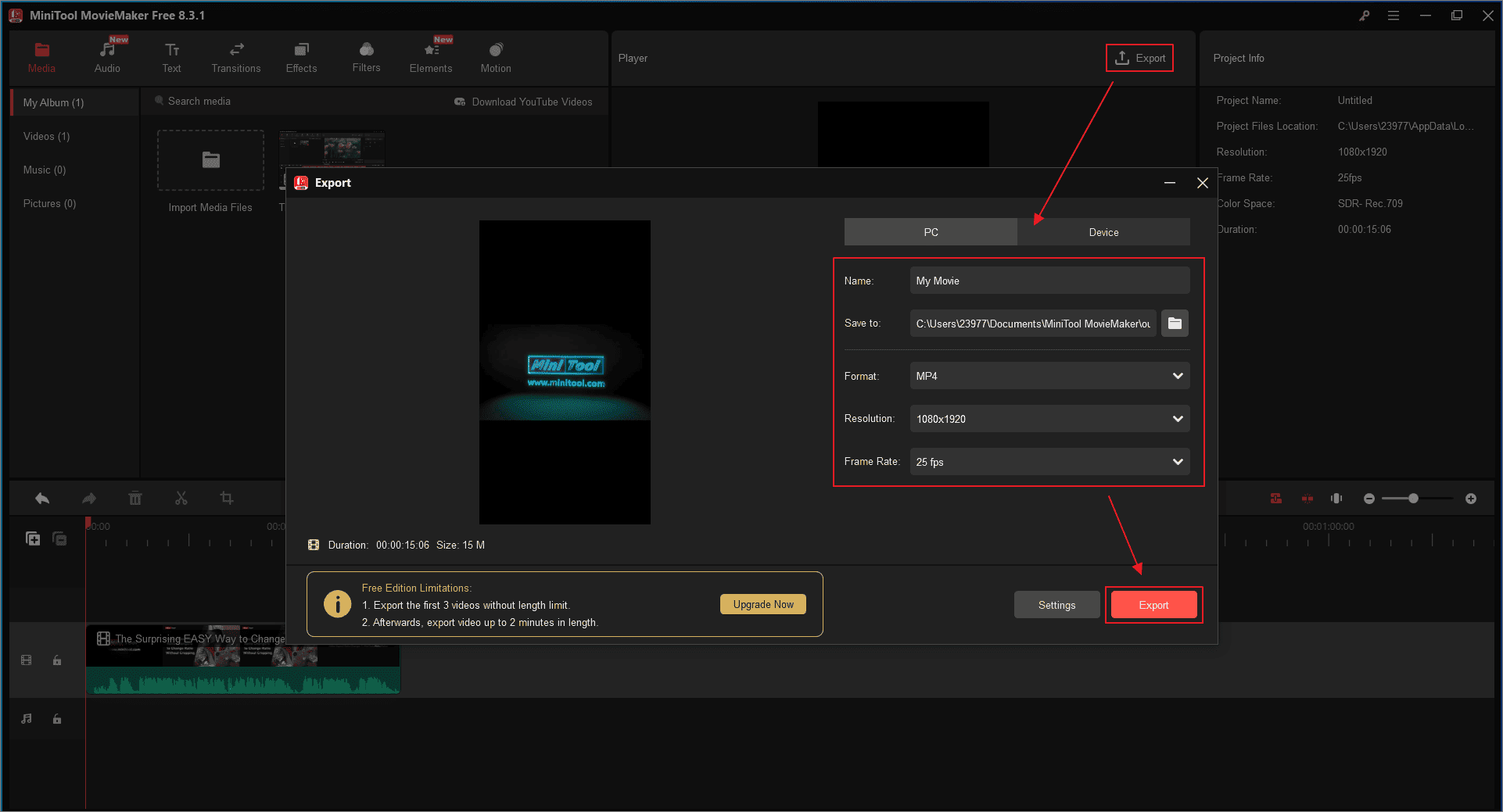 MiniTool MovieMakerで「Export」アイコンをクリック