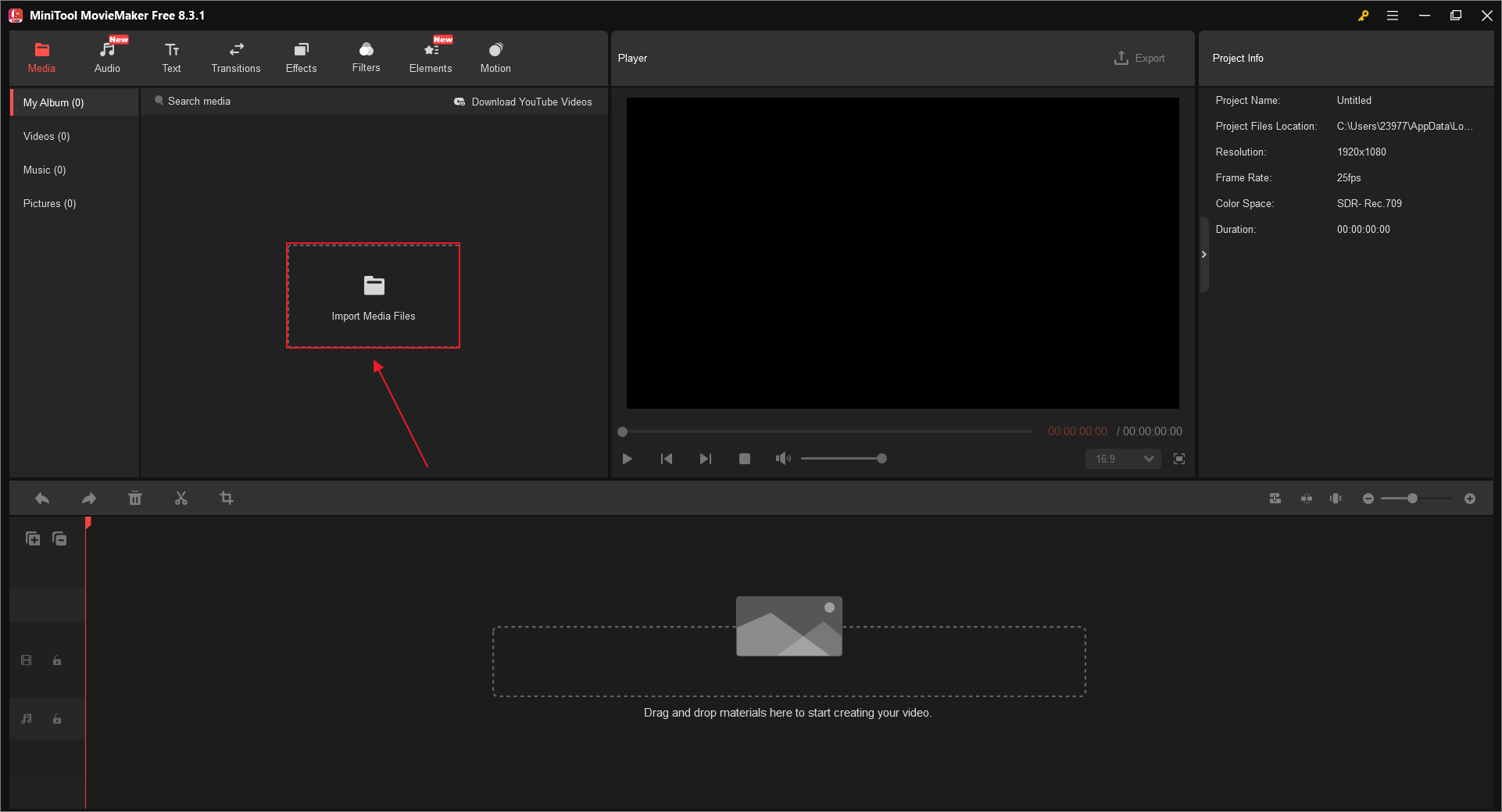 MiniTool MovieMakerで「Import Media Files」をクリック