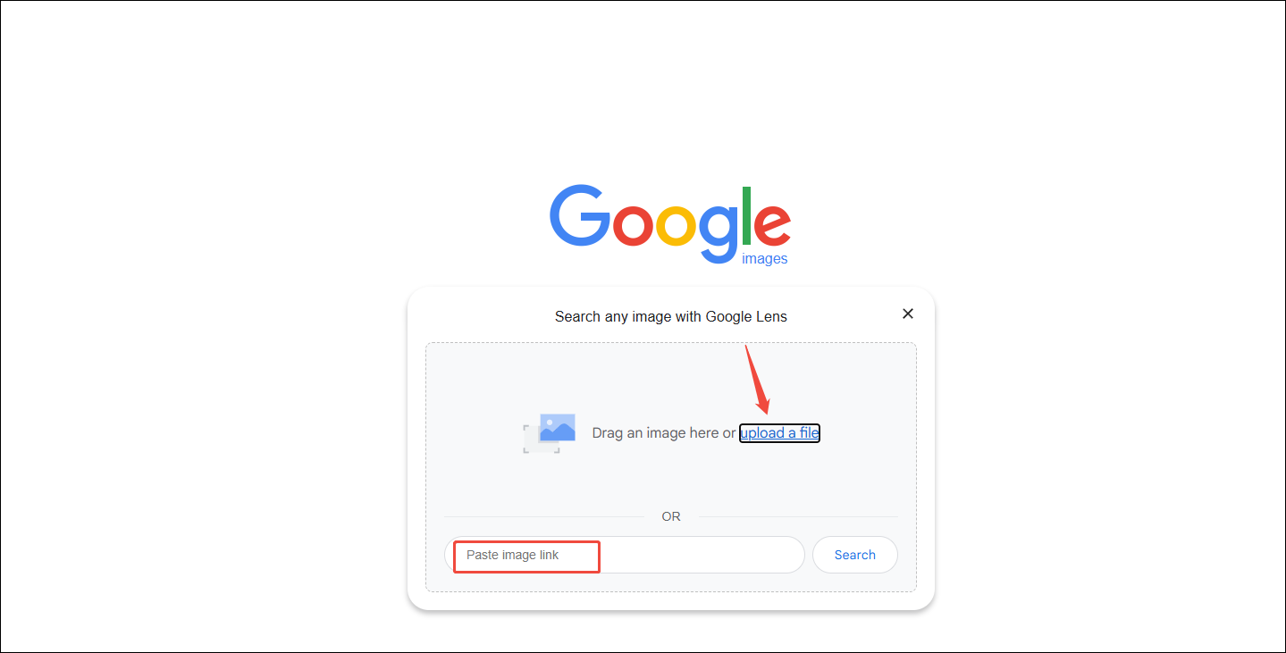 Click on upload a file or paste the image link on Google Images