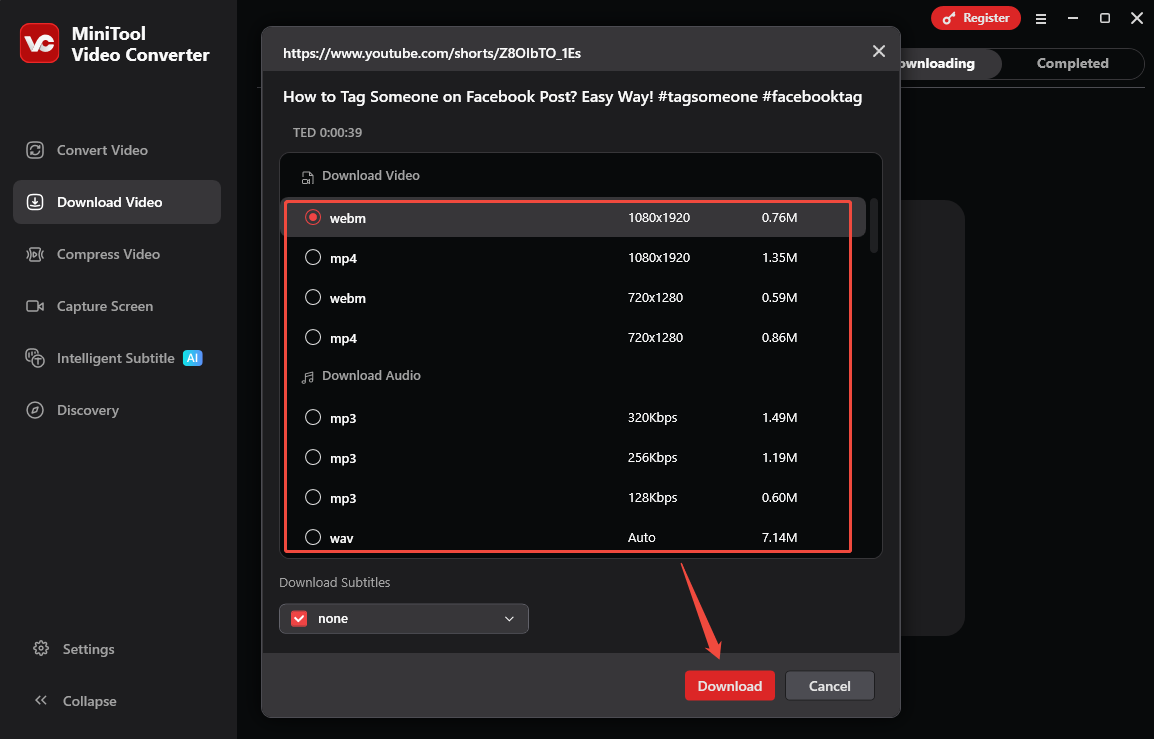 Choose output format and click on Download to download the YouTube video in MiniTool Video Converter