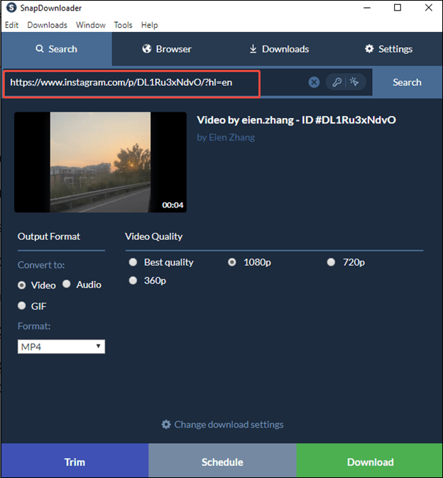 Paste the Instagram video link into SnapDownloader
