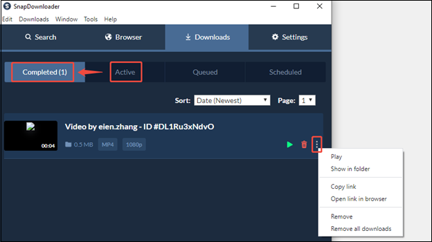 Switch to Completed and click on More to decide the next action in SnapDownloader