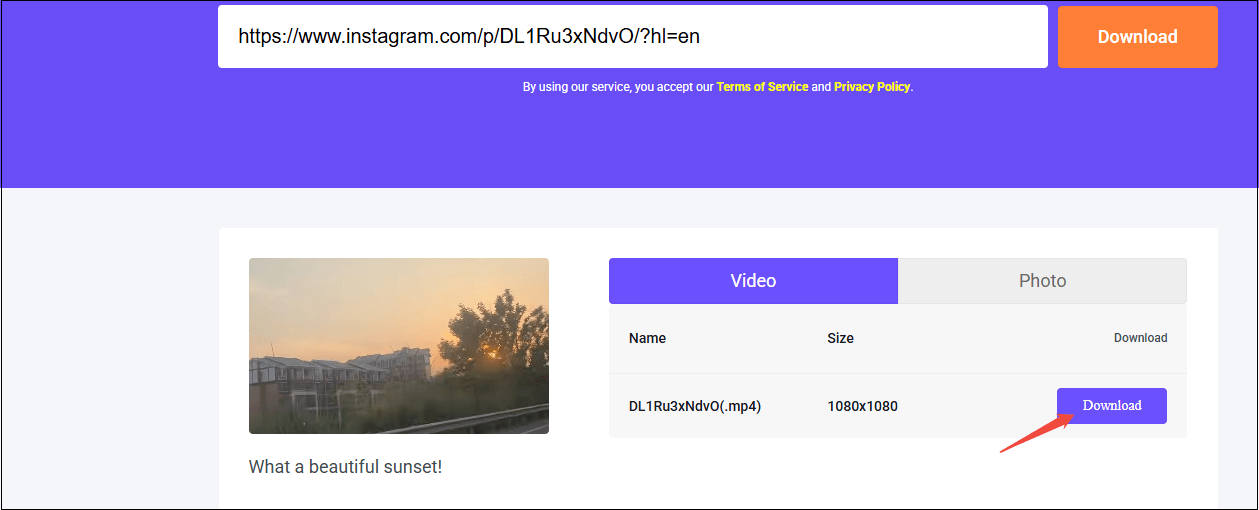 Click on Download to start downloading the Instagram video in viddown.net