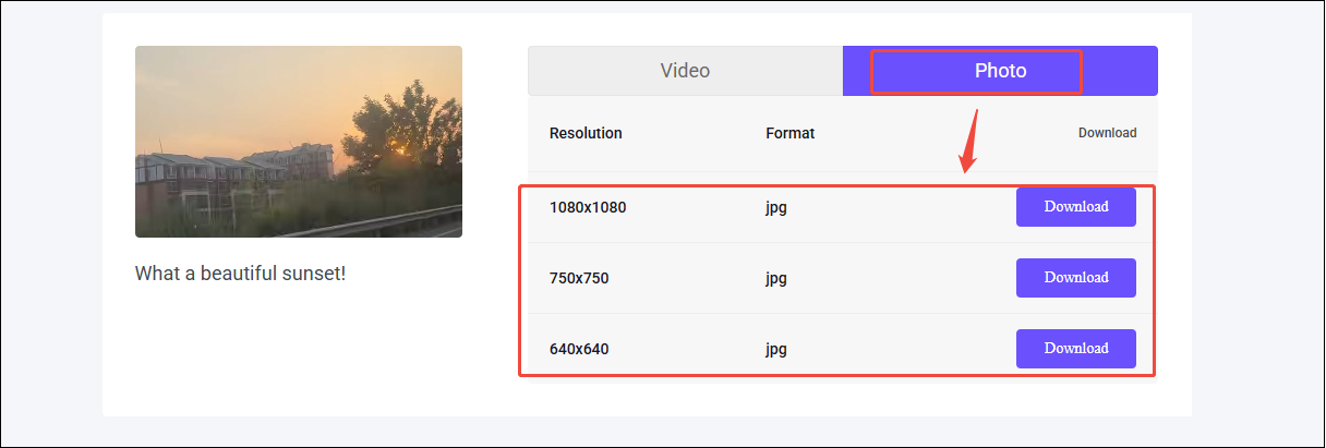 Switch to Photo, choose an image resolution, and click on Download to start downloading the Instagram photo in viddown.net