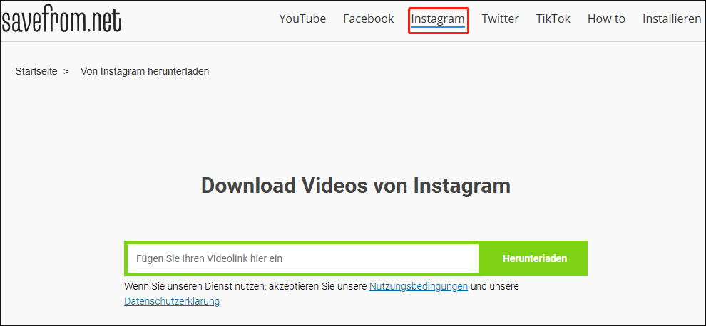 Klicken Sie auf Instagram, um zur Video-Download-Oberfläche auf SaveFrom.Net zu gelangen.