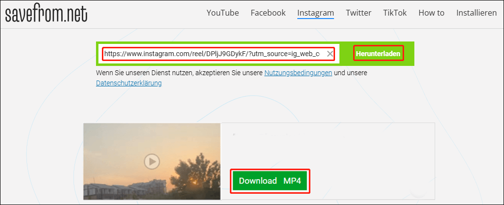 Fügen Sie die URL ein, klicken Sie auf Download, und klicken Sie dann auf Download MP4, um das Instagram-Video auf SaveFrom.Net zu speichern.