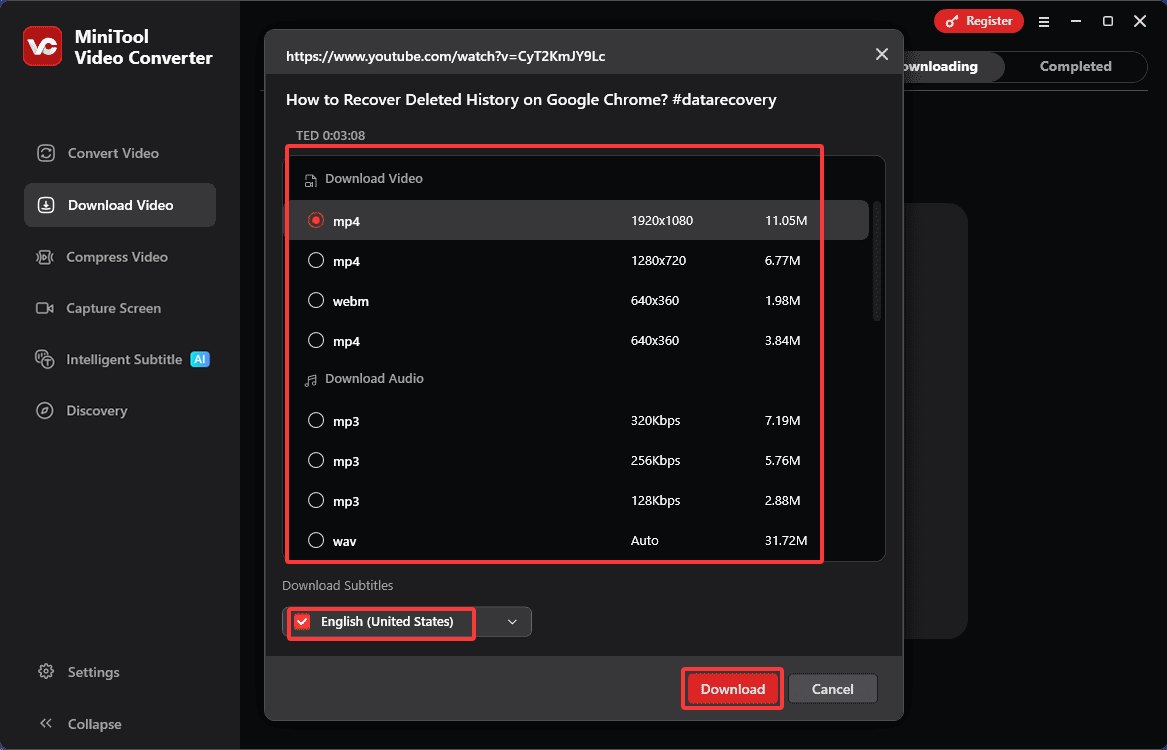 Wählen Sie das Ausgabeformat, aktivieren Sie die Untertiteloption und klicken Sie auf Herunterladen im MiniTool Video Converter.