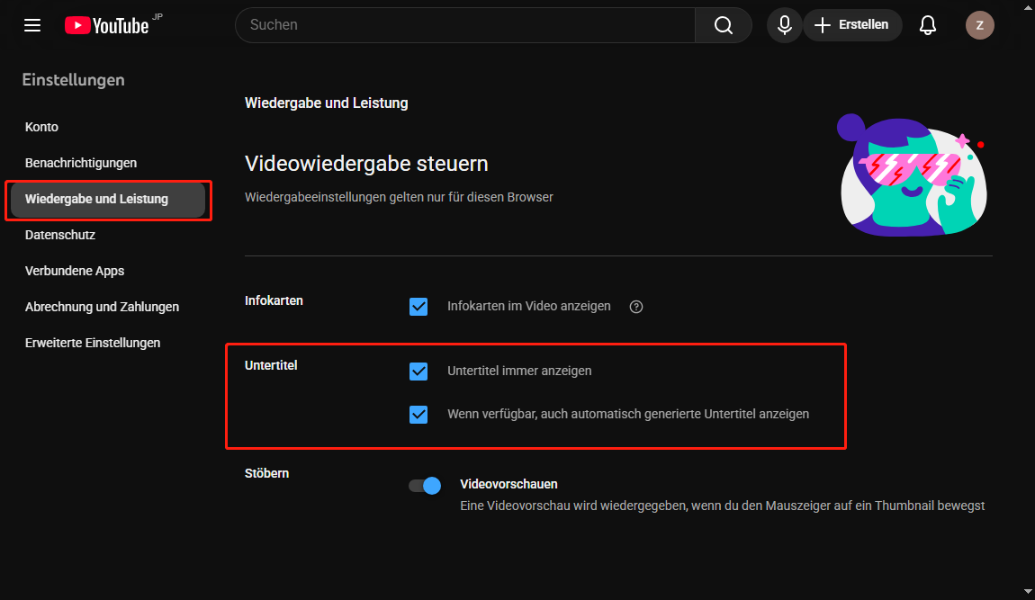 Aktivieren Sie die Option Wenn verfügbar, auch automatisch generierte Untertitel anzeigen