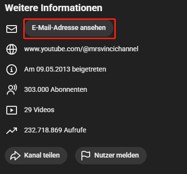 Finden Sie die E-Mail-Adresse auf der Informationsseite der YouTube-Ersteller-Startseite.