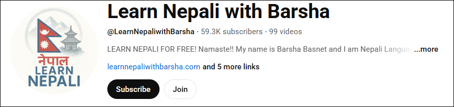 The channel interface of Learn Nepali with Barsha