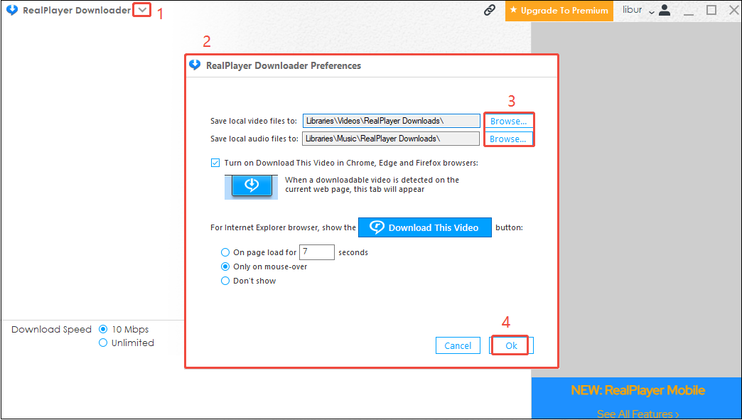 Go to the RealPlayer Downloader Preferences window to change the download location for YouTube videos