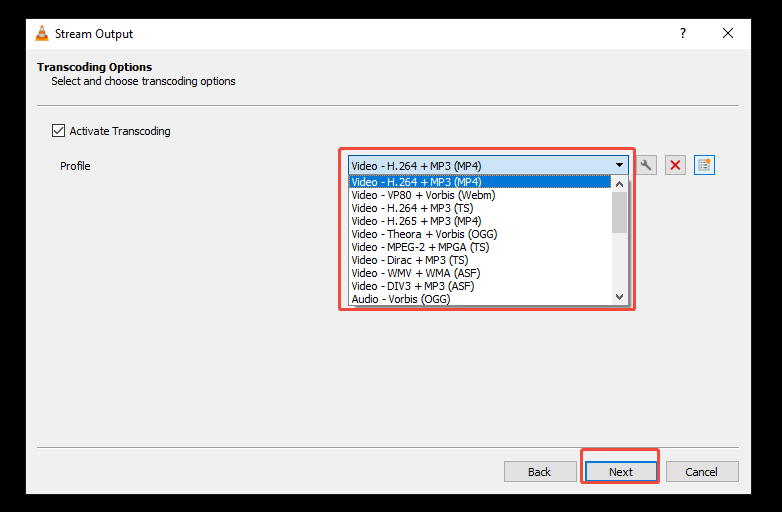 Expand Profile to choose a file format and then click the Next button in VLC Media Player